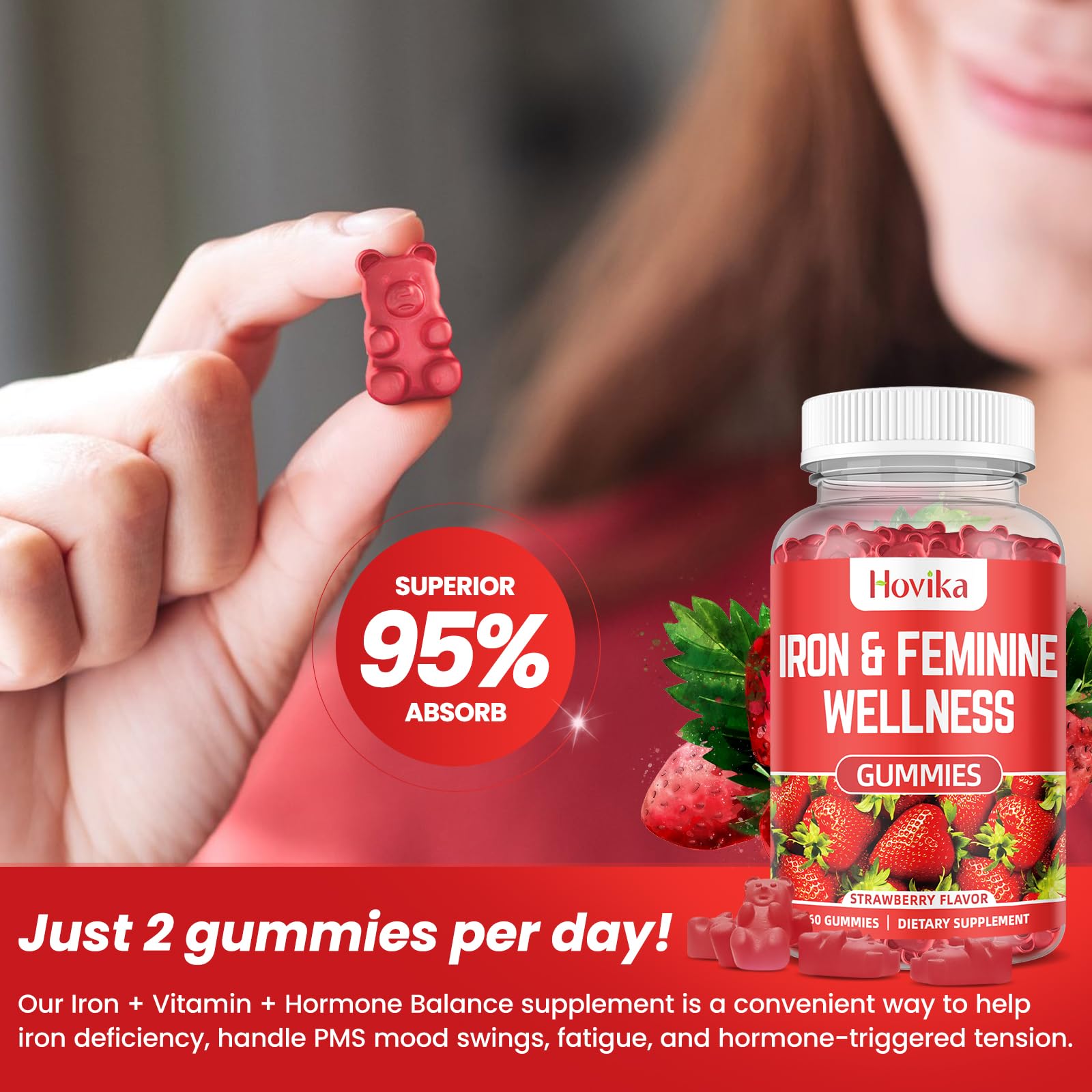 Hovika Iron for Women Gummies close-up of strawberry flavor for easy intake