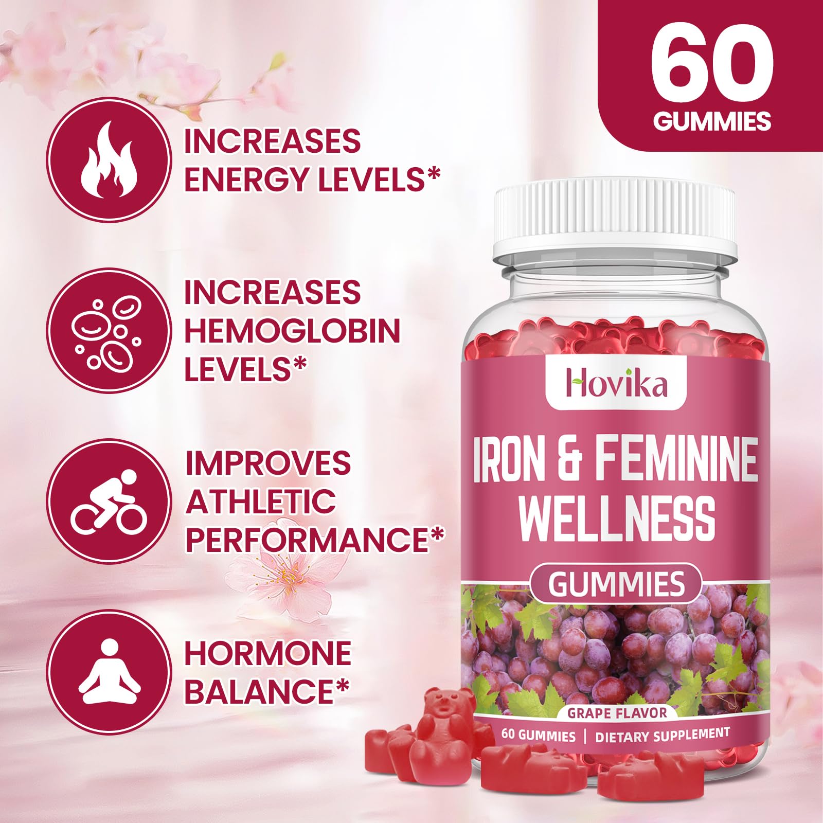 Hovika Iron for Women Gummies grape flavor close-up highlighting energy support.
