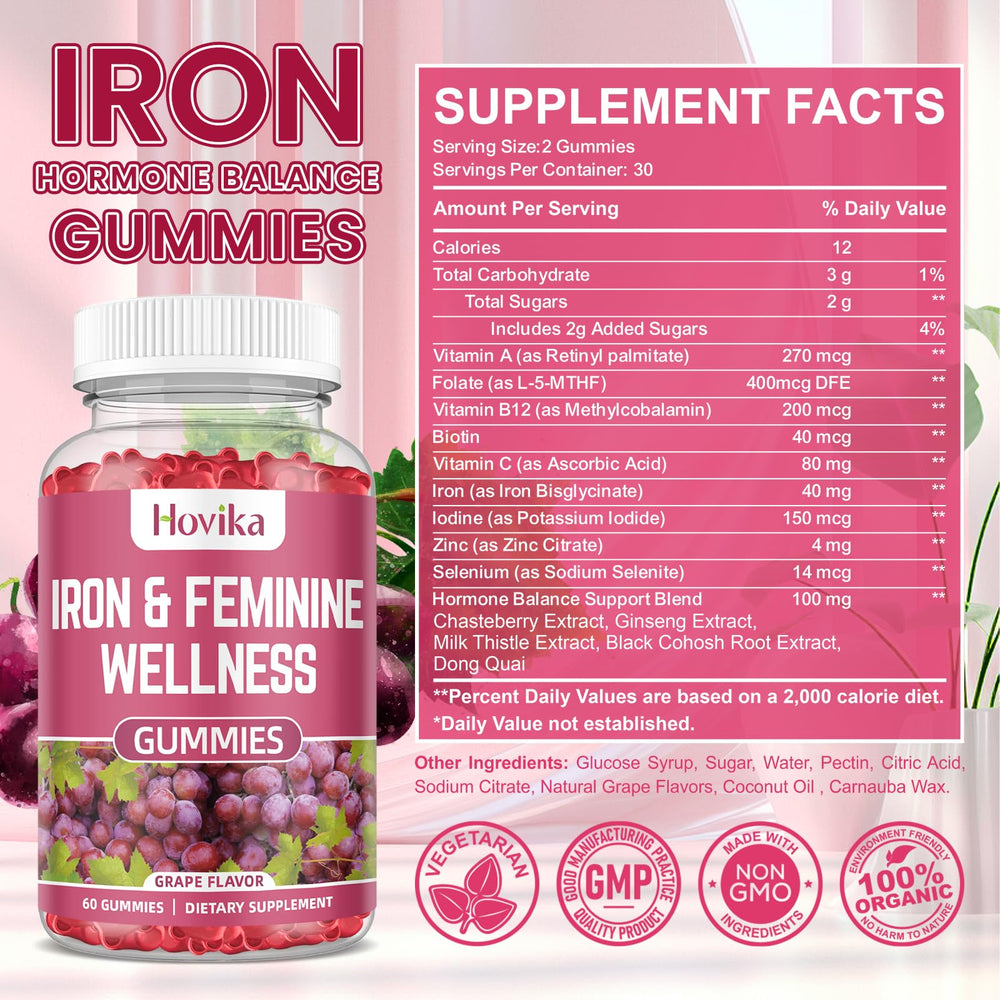 Hovika Iron for Women Gummies nutrition panel shows vitamins and minerals for wellness.