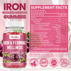 Hovika Iron for Women Gummies nutrition panel shows vitamins and minerals for wellness.