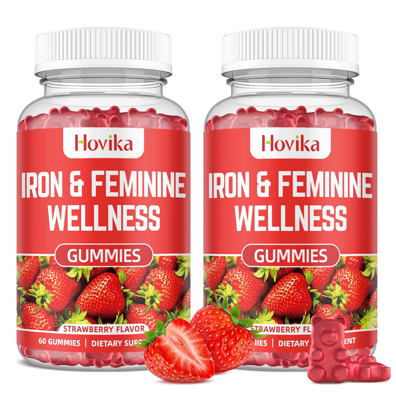 Hovika Iron for Women Gummies strawberry flavor bottle for easy daily use and energy support