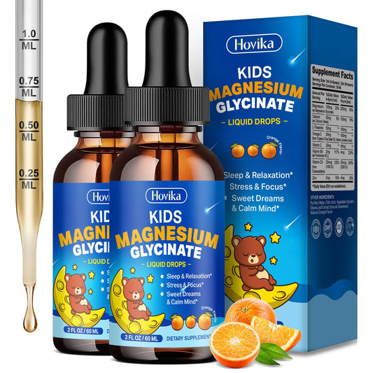 Hovika kids magnesium drops bottle showing easy dosage for calm evenings