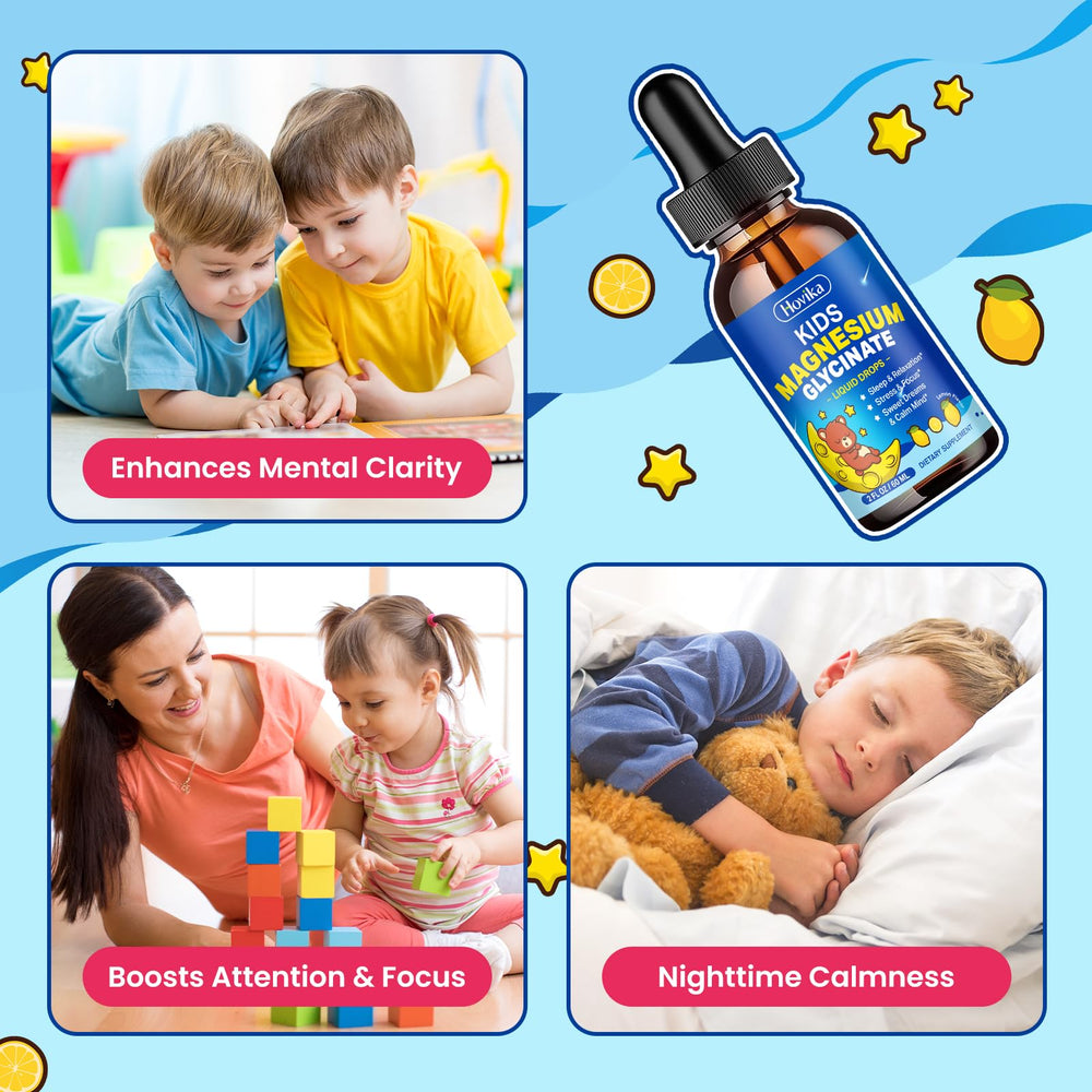 Closeup of Hovika lemon-flavored magnesium bottle designed for kids