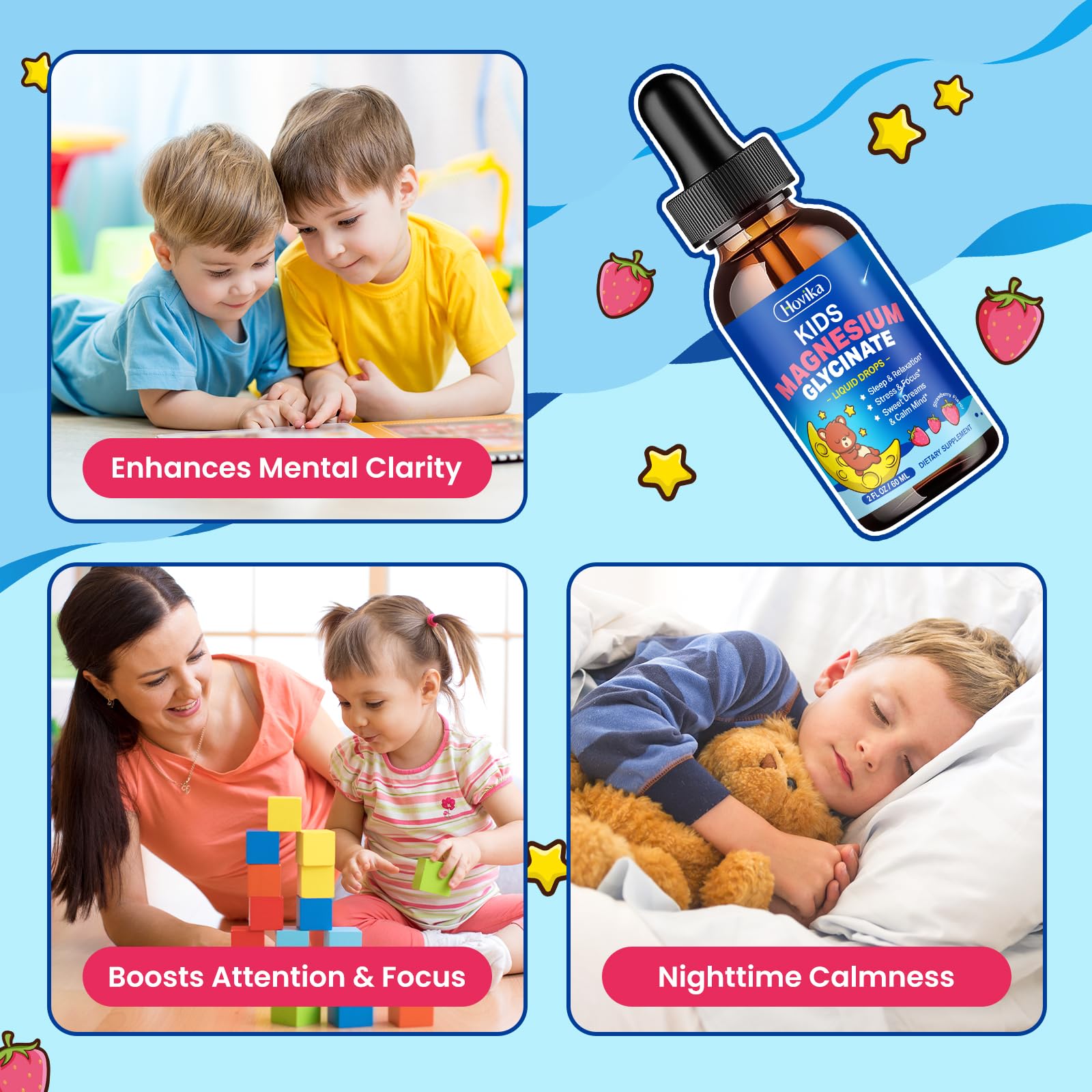 Hovika Kids Magnesium Drops bottle label emphasizes vitamin D3 and zinc.