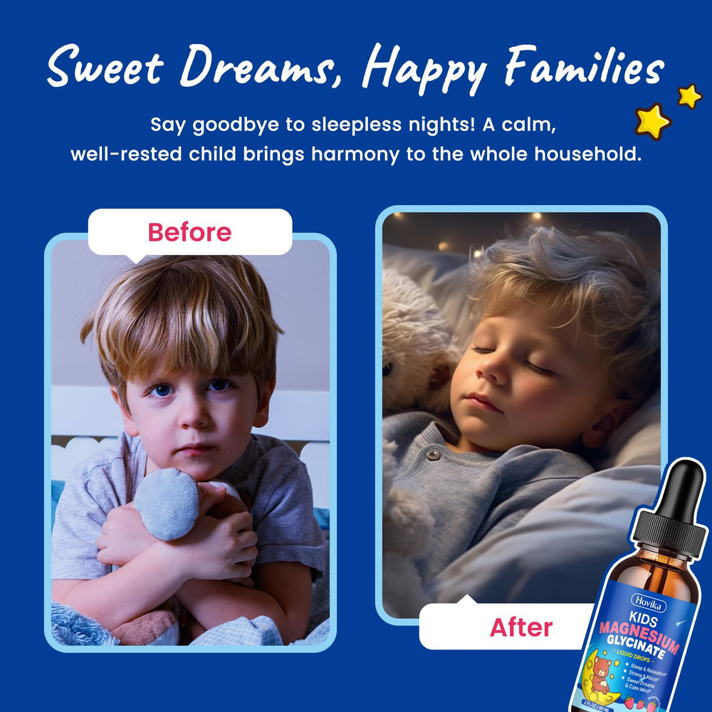 Hovika Kids Magnesium Drops ingredients icons highlight magnesium glycinate and L-theanine.
