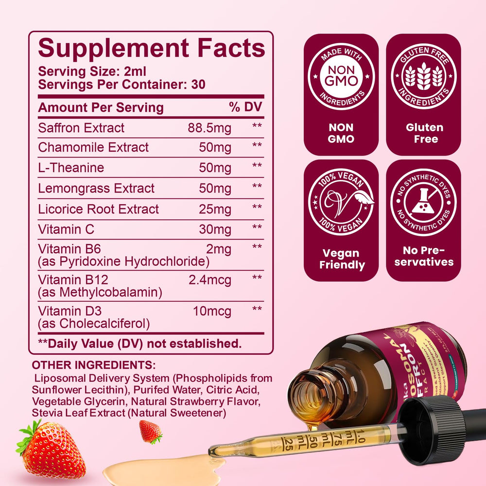 Hovika saffron drops with strawberry flavor for on-the-go energy and calm.