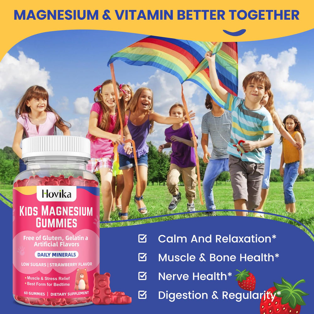 Hovika Magnesium Citrate Gummies Kids gummy closeup highlights chewable texture for easier sleep support.