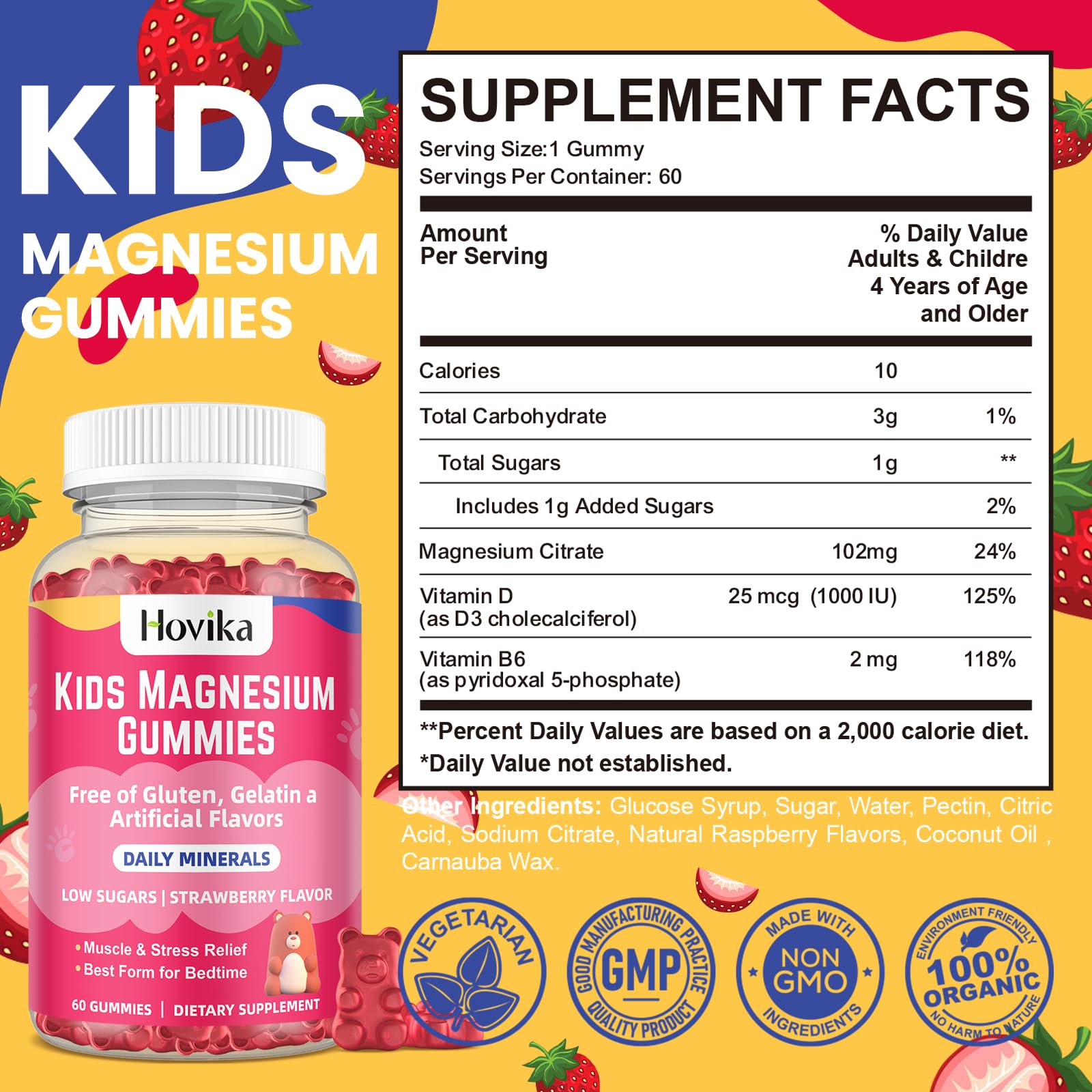 Hovika Magnesium Citrate Gummies strawberry flavor closeup emphasizes tasty, low-sugar option for kids.