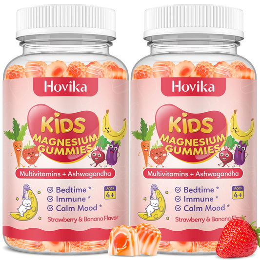 Hovika Magnesium Glycinate Gummies for Kids, strawberry-banana center-filled 2-pack, supports calm before bedtime.