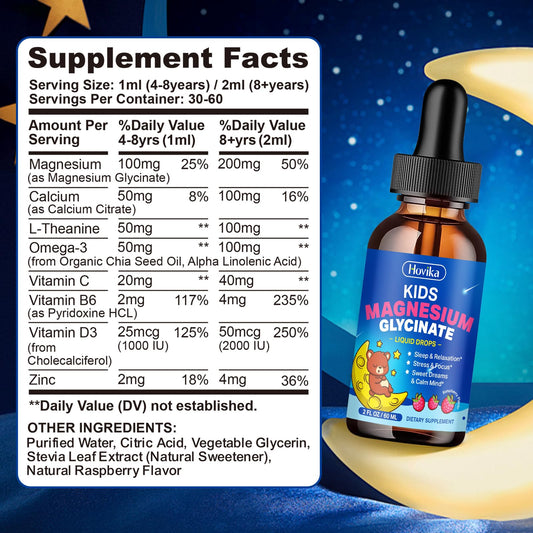 Hovika Raspberry Magnesium Drops for Kids dropper visible, easy dosing for busy evenings