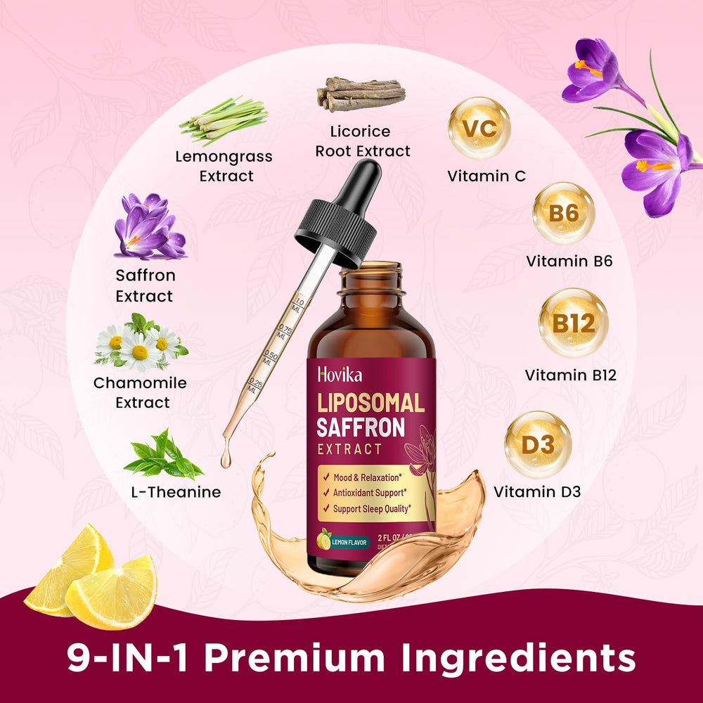 Hovika saffron drops in lemon flavor with chamomile and L-theanine for stress relief.