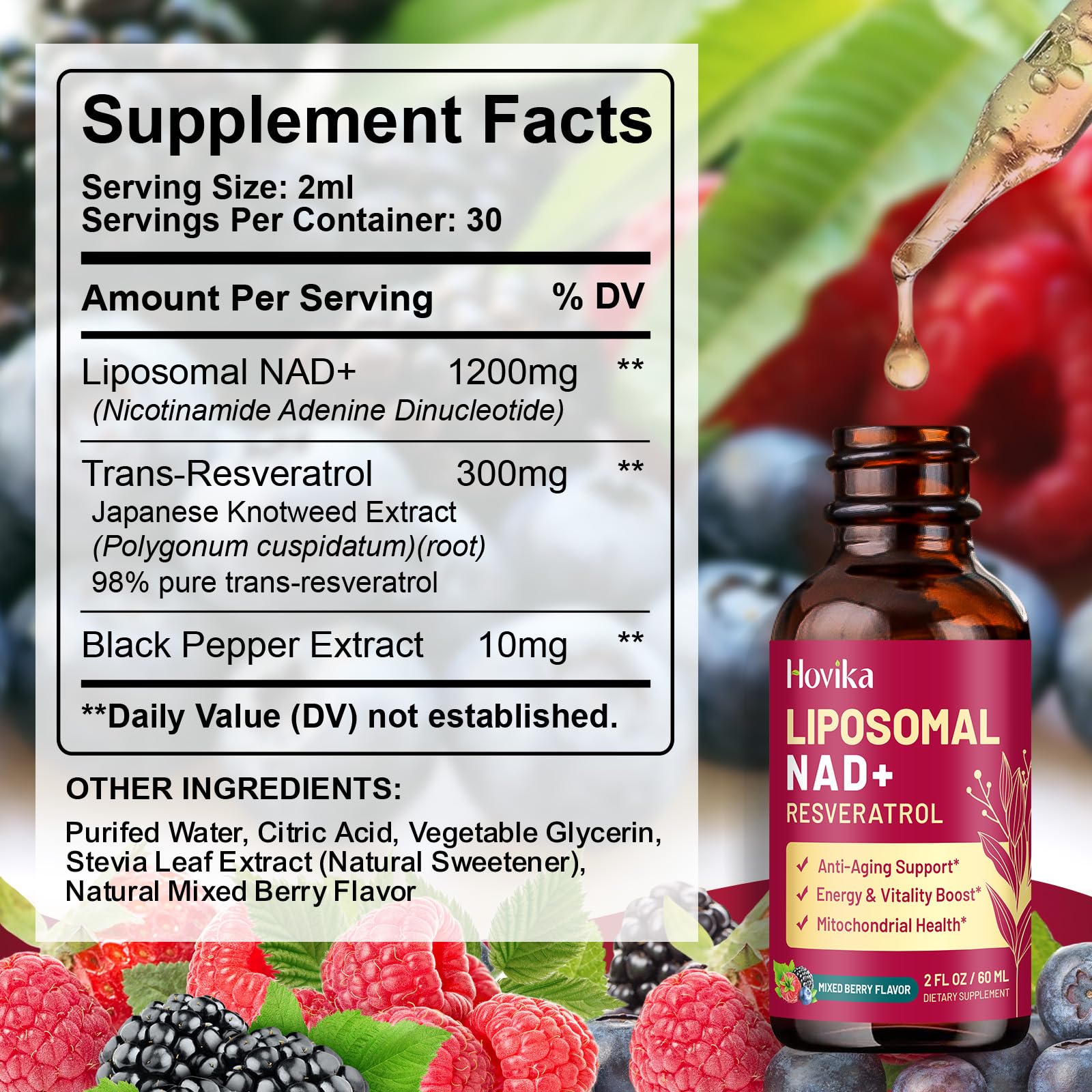 Hovika NAD drops used with water, juice, or smoothies