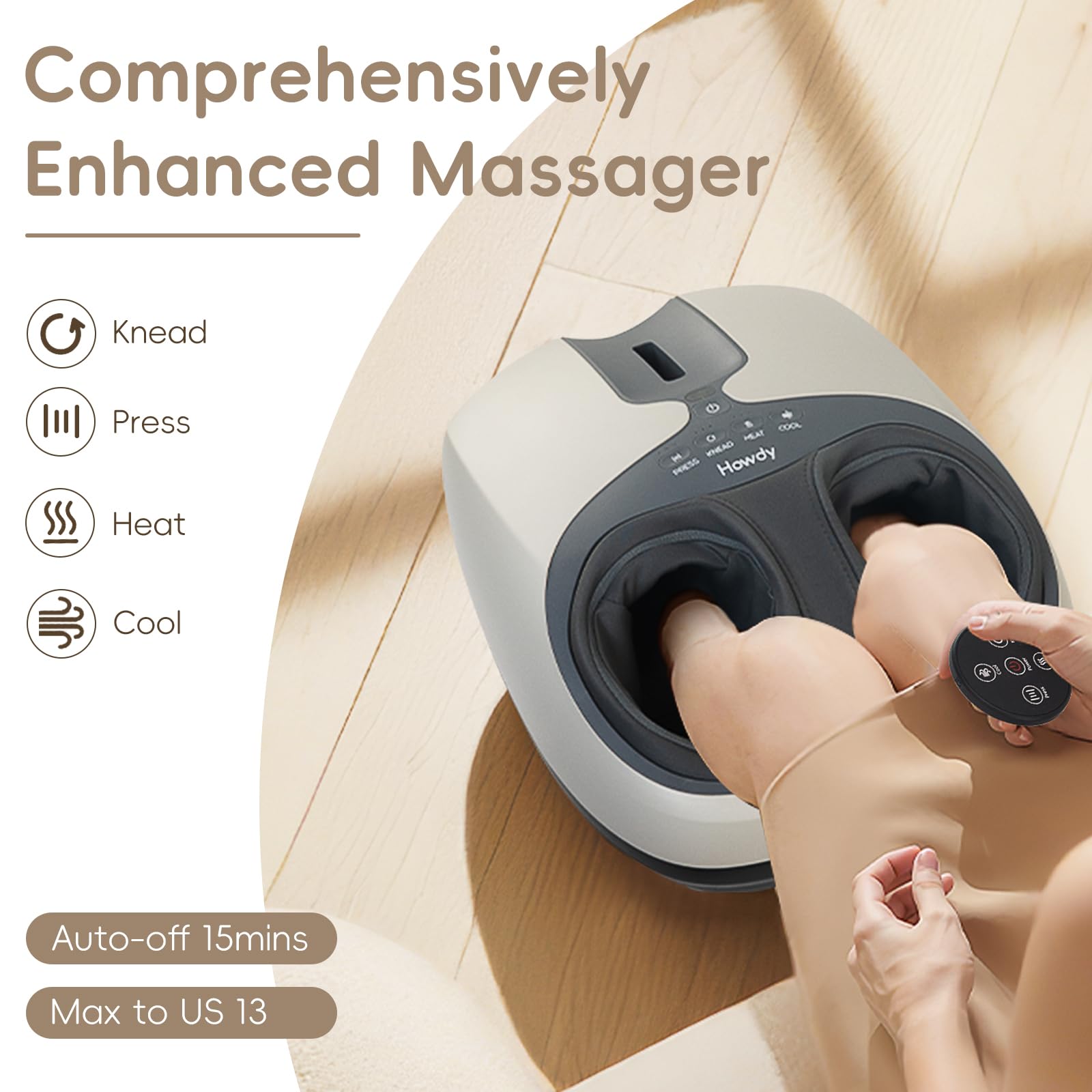 Howdy Shiatsu Foot Massager three kneading and three compression settings.
