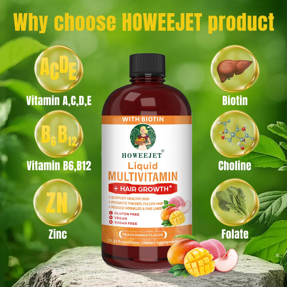 HOWEEJET liquid multivitamin bottle and dosing spoon highlight two tablespoons daily.