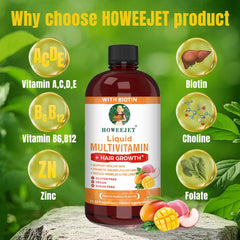 HOWEEJET liquid multivitamin bottle and dosing spoon highlight two tablespoons daily.