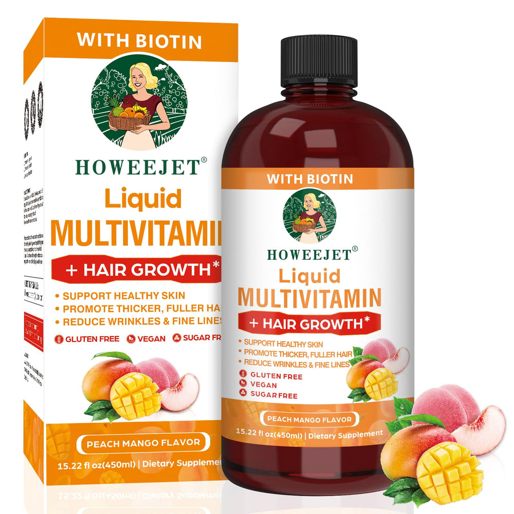 HOWEEJET liquid multivitamin bottle pour demonstrates easy daily use for hair and skin support.