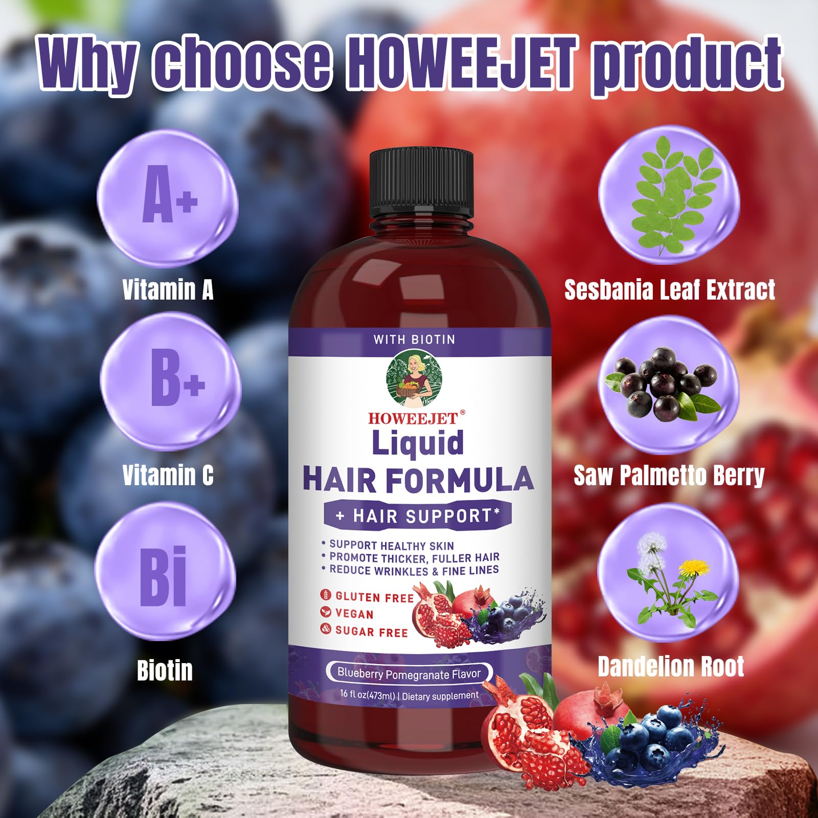 HOWEEJET Liquid Multivitamin ingredient panel features biotin 2500 mcg for hair health