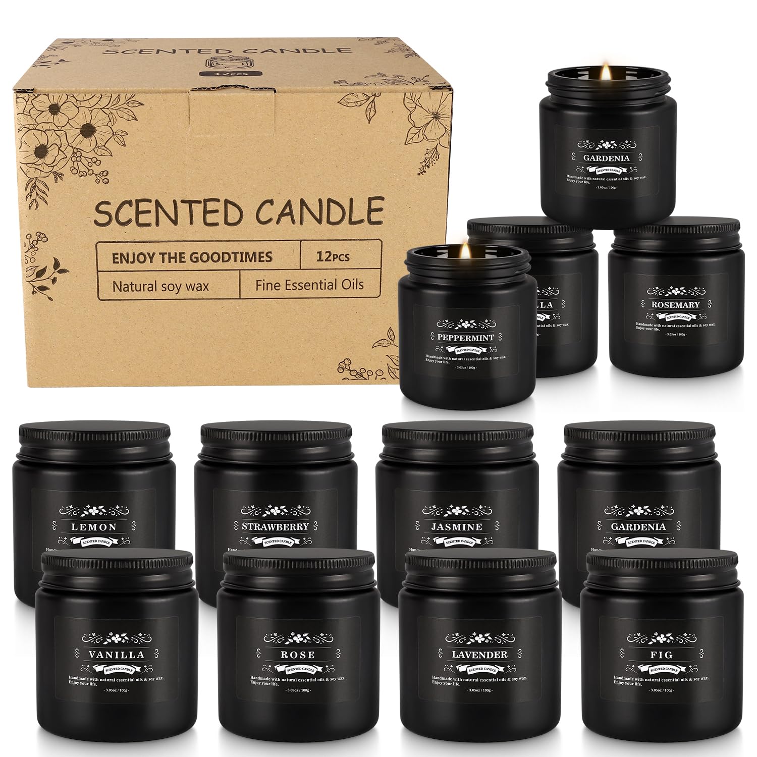 Howemon jasmine candle in black jar enhances a calming atmosphere.
