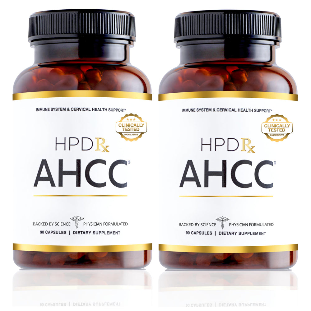 HPD Rx bottle front label with AHCC and shiitake for immune support