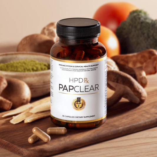 Close-up of HPD Rx PAPCLEAR capsules highlighting high-potency daily immune support