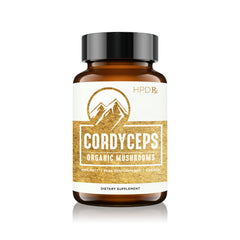 HPD Rx premium cordyceps bottle close-up highlights energy support potential