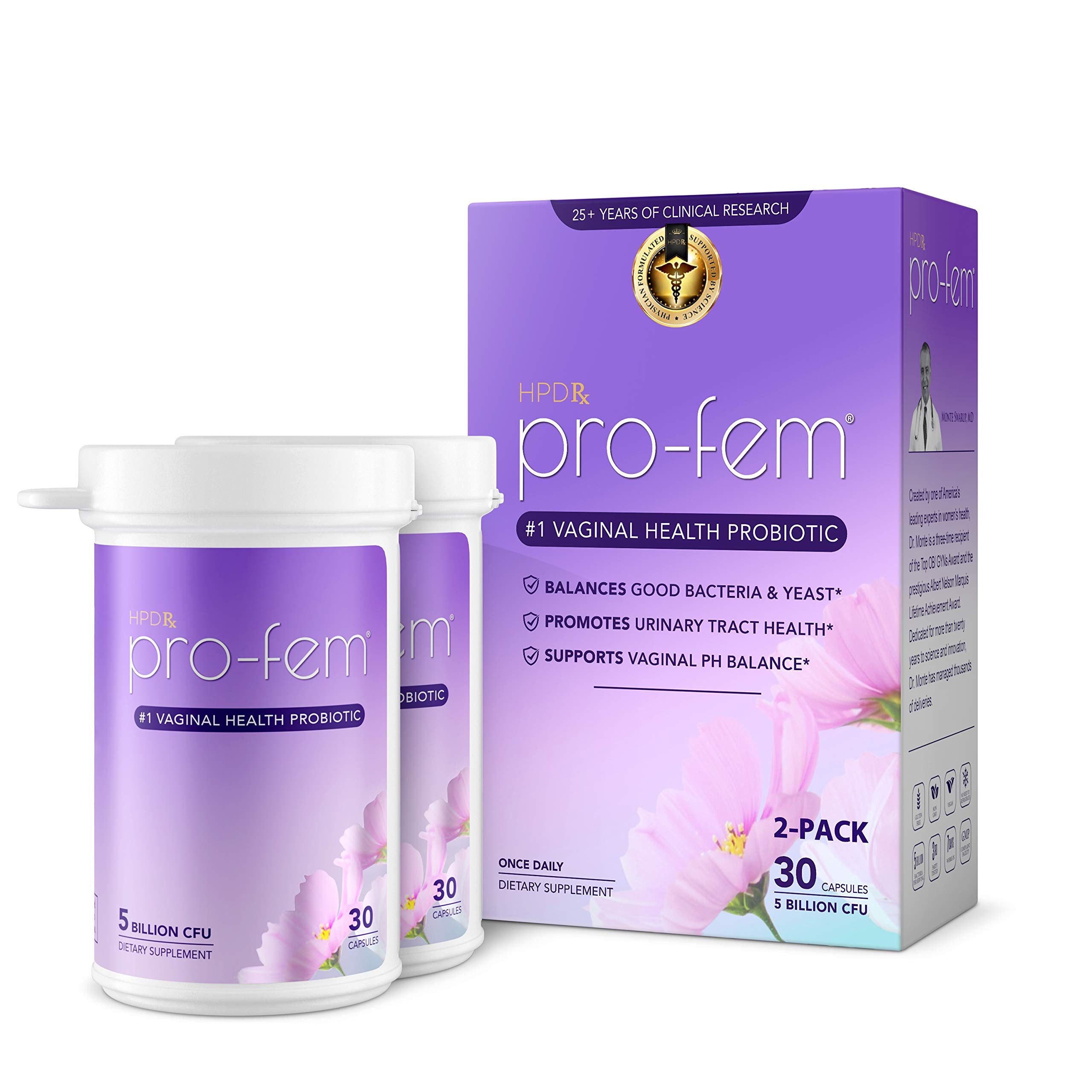 HPD Rx Pro-Fem bottle closeup highlighting daily vaginal health benefits
