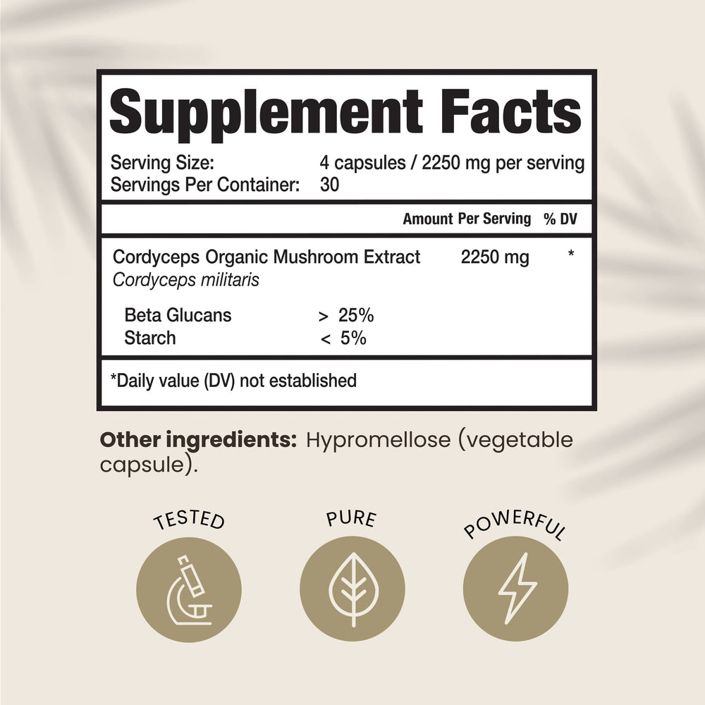 HPD Rx Cordyceps bottle back label with vegan and allergen-free certification details