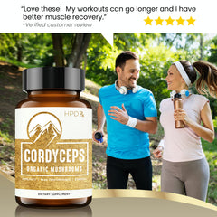 HPD Rx Cordyceps capsules poured into a glass for easy daily use