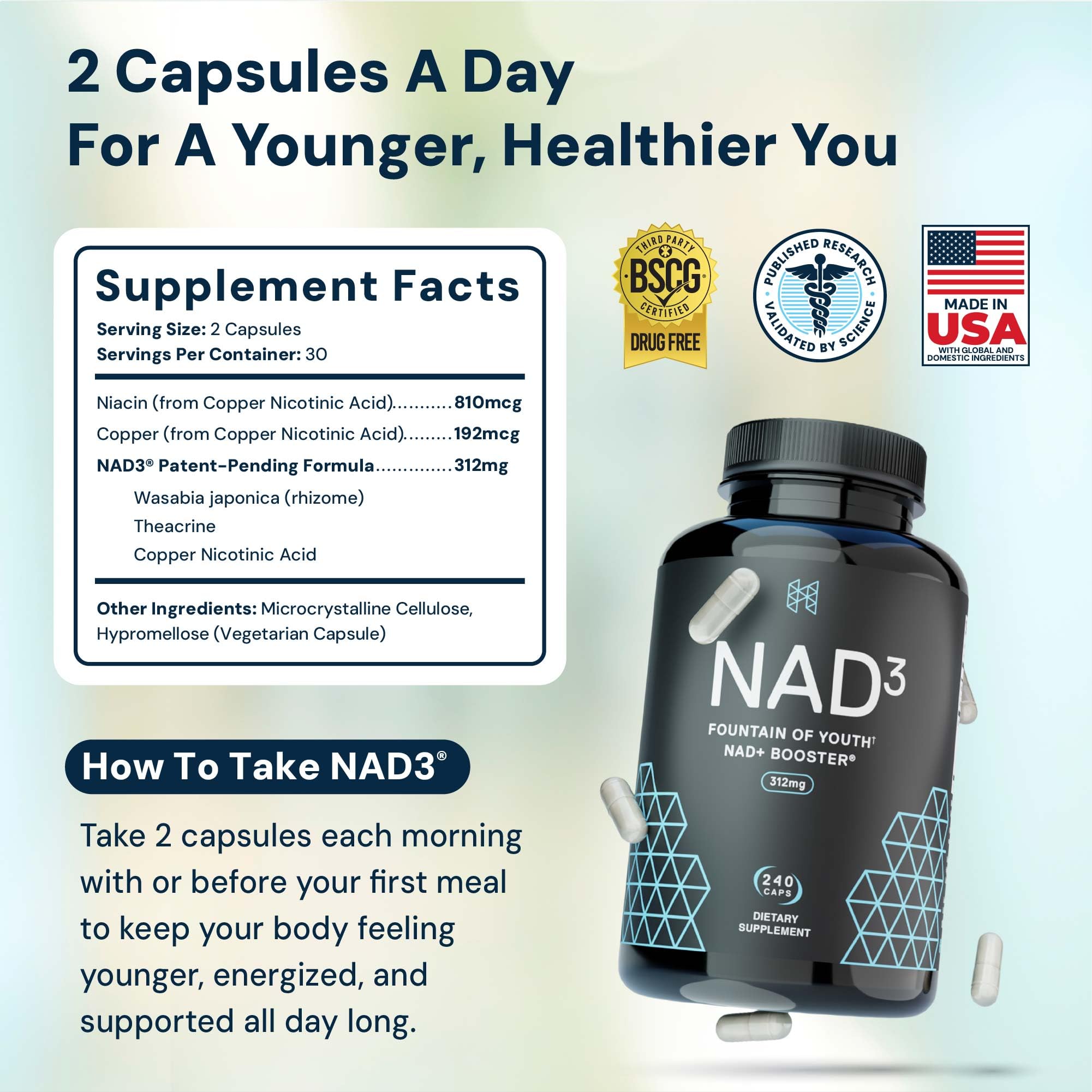 HPN NAD3 bottle label close-up highlights purity and manufacturing standards