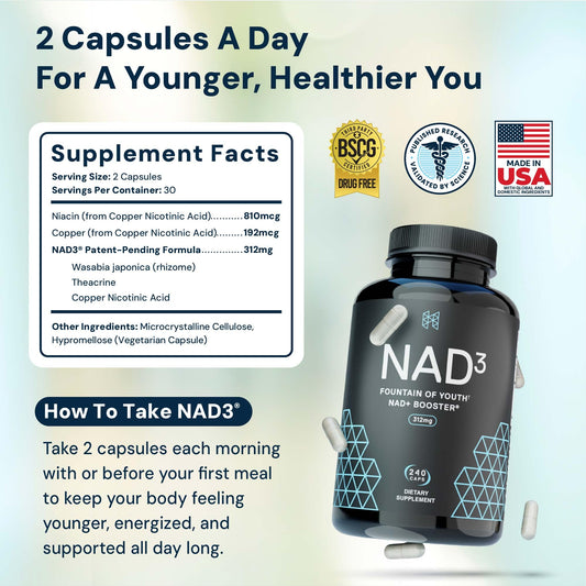 HPN NAD3 bottle label close-up highlights purity and manufacturing standards