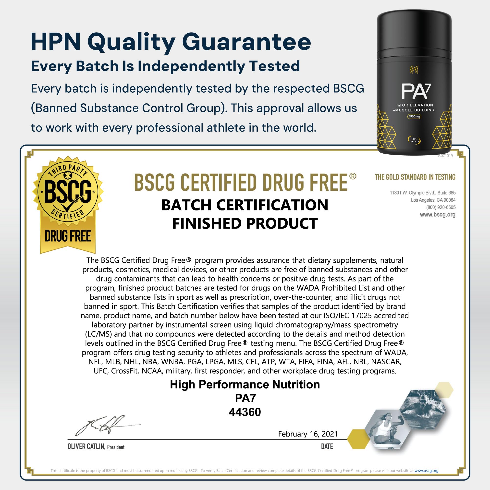 HPN PA(7) NSF-certified emblem—sport-safe assurance for athletes.