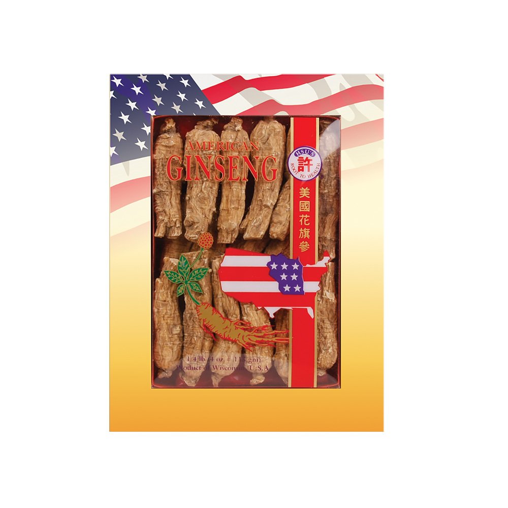 Hsu's American ginseng roots 4oz box front view indicates Wisconsin quality and gifting potential.