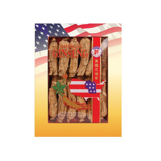 Hsu's American ginseng roots 4oz box front view indicates Wisconsin quality and gifting potential.