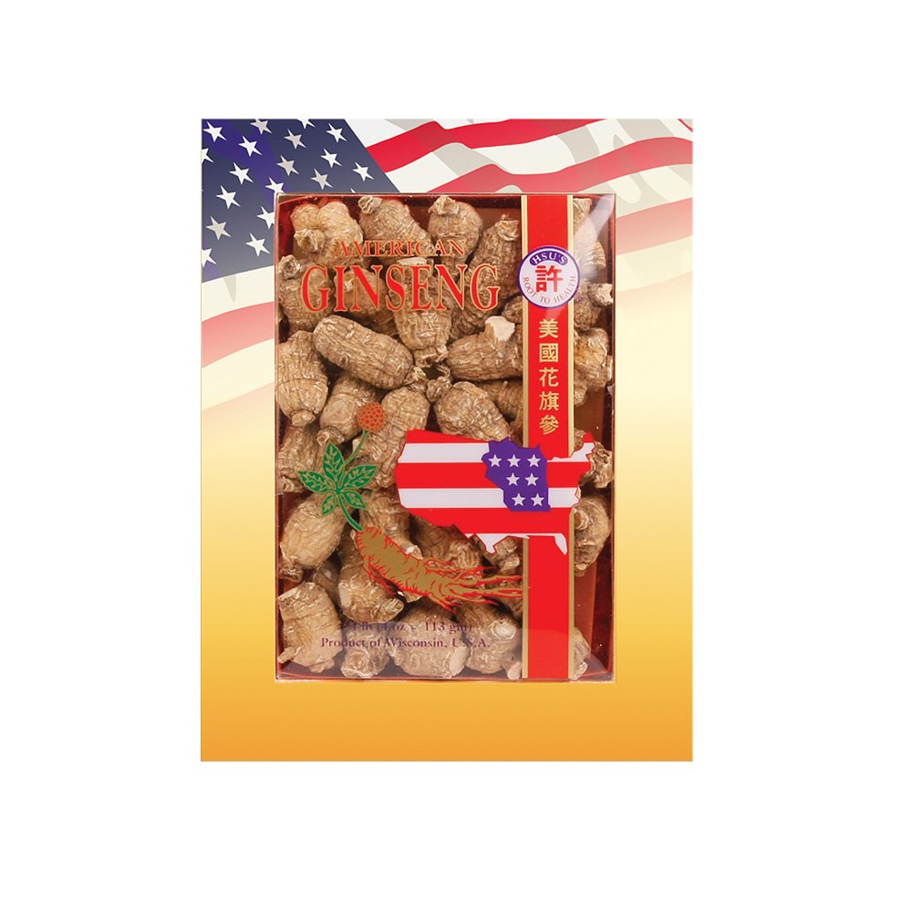 Hsu's American Ginseng roots in a 4 oz box, ready for tea or cooking.