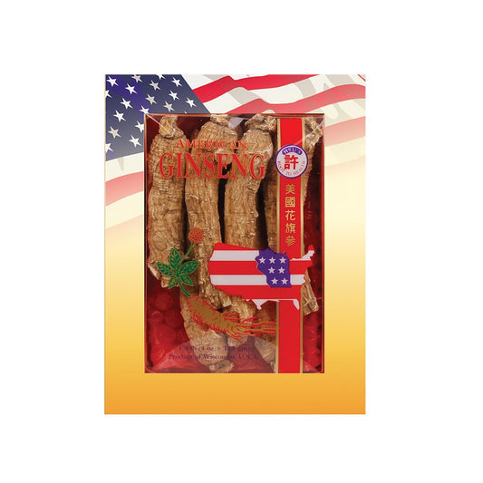 Hsu's long jumbo American ginseng roots in box, ideal for brewing