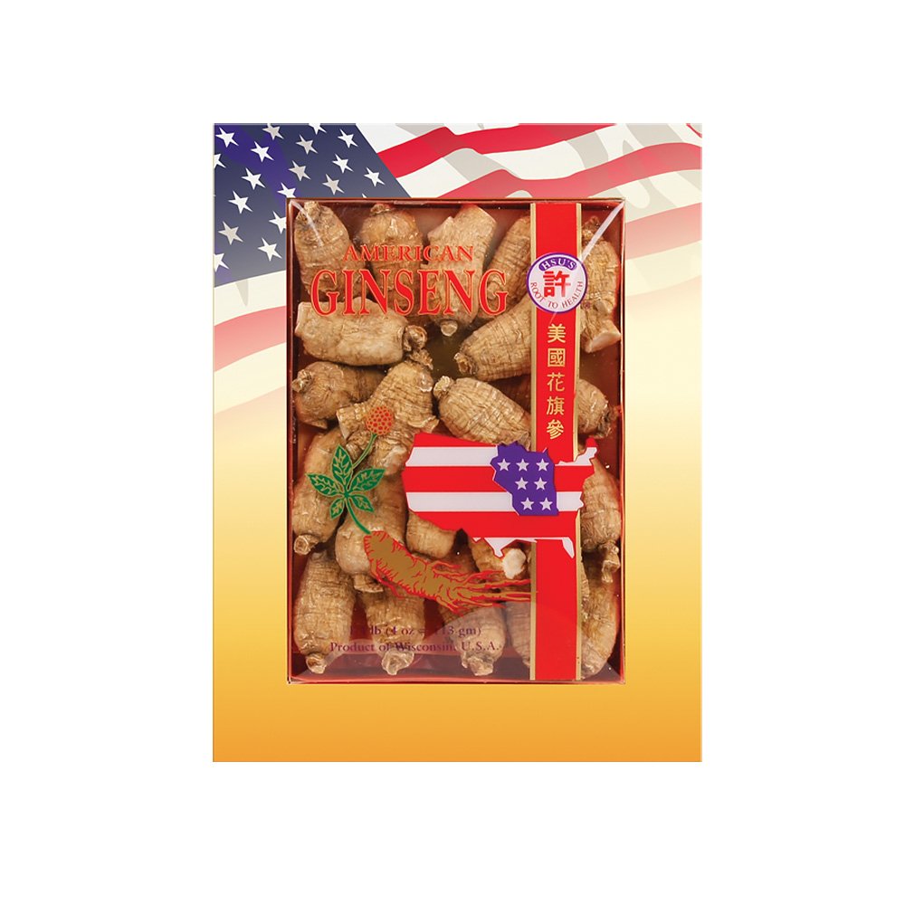 Hsu's Wisconsin American ginseng roots in a 4 oz box for versatile tea or cooking