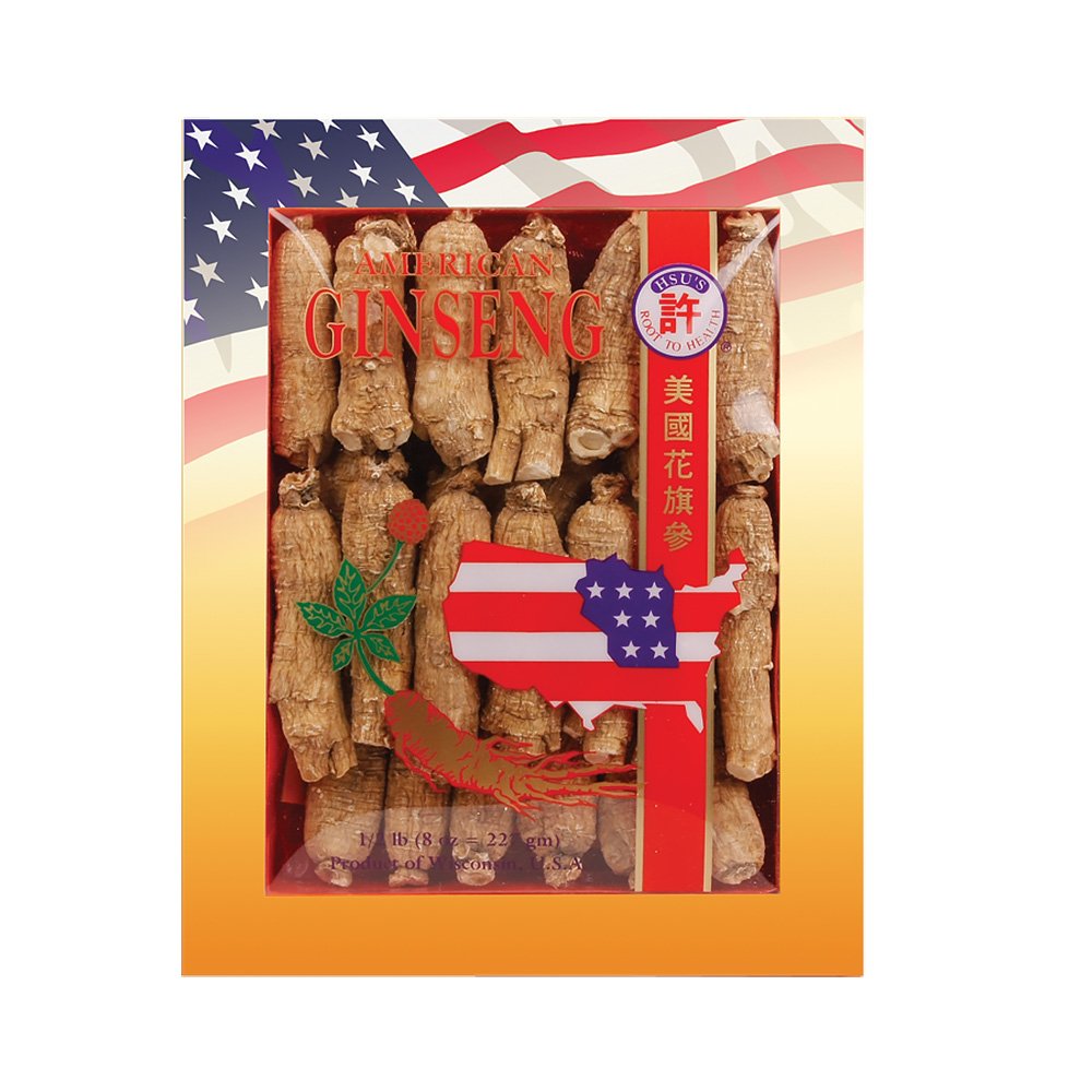 Hsu's Wisconsin American ginseng roots in an 8 oz box for tea and infusions.