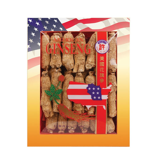 Hsu's Wisconsin American ginseng roots in an 8 oz box for tea and infusions.