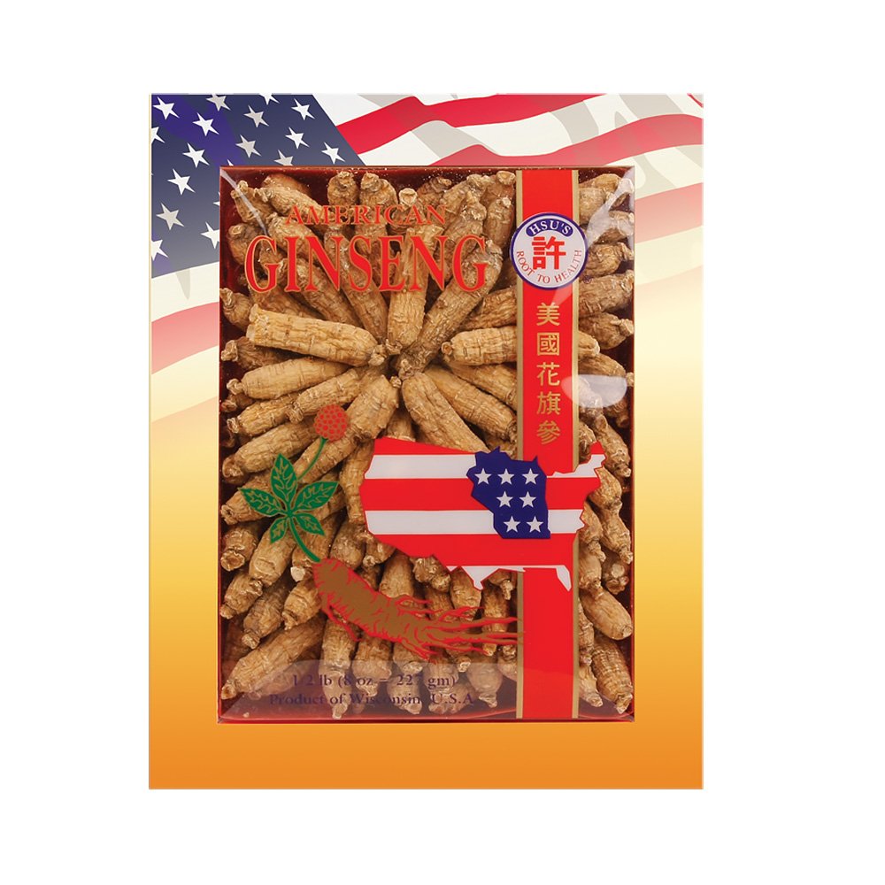 Hsu's box of Wisconsin American Ginseng roots for tea and soups with earthy aroma