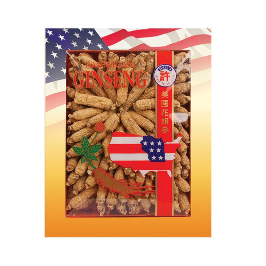 Hsu's box of Wisconsin American Ginseng roots for tea and soups with earthy aroma