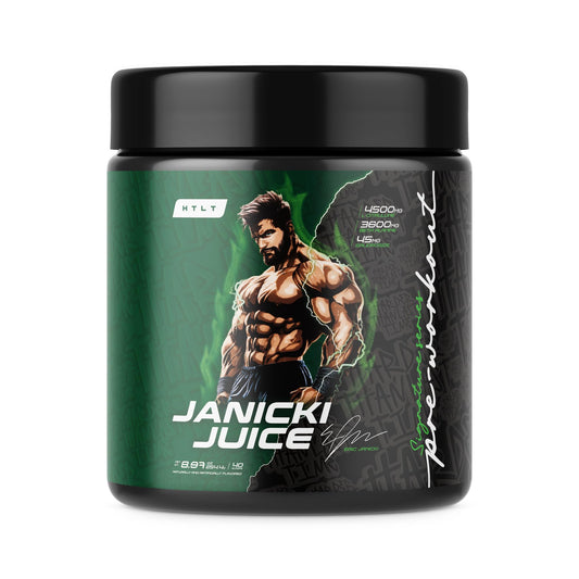 HTLT Supps Janicki Juice pre-workout bottle ready for focused training sessions.