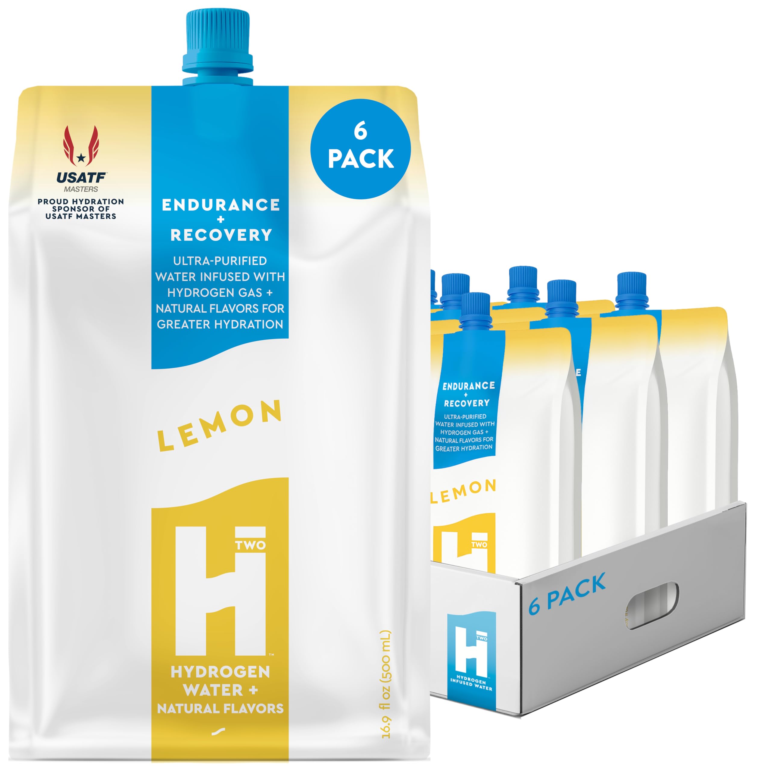 HTWO lemon hydrogen water 16oz bottle for refreshing hydration on the go.