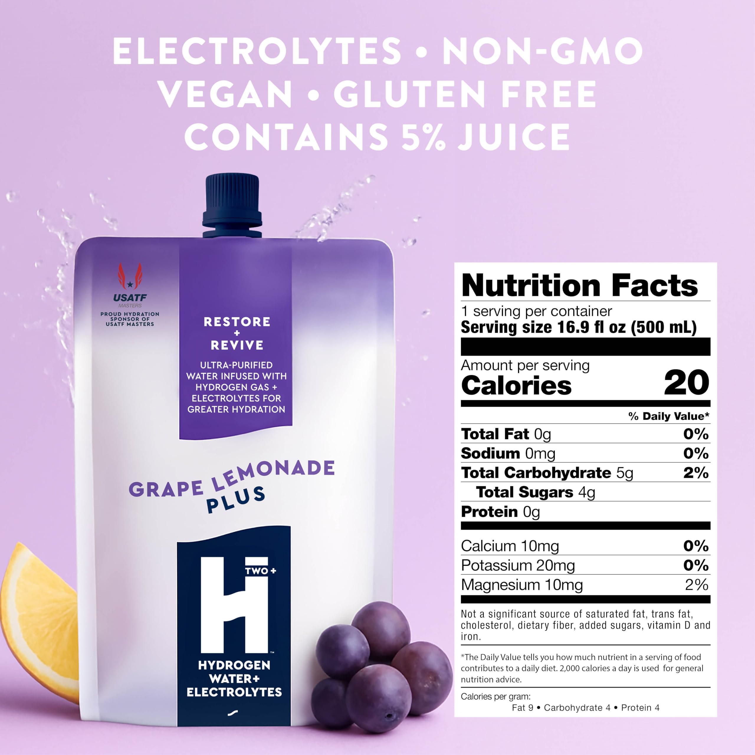 HTWO Plus Grape Lemonade pouch open for on-the-go hydration