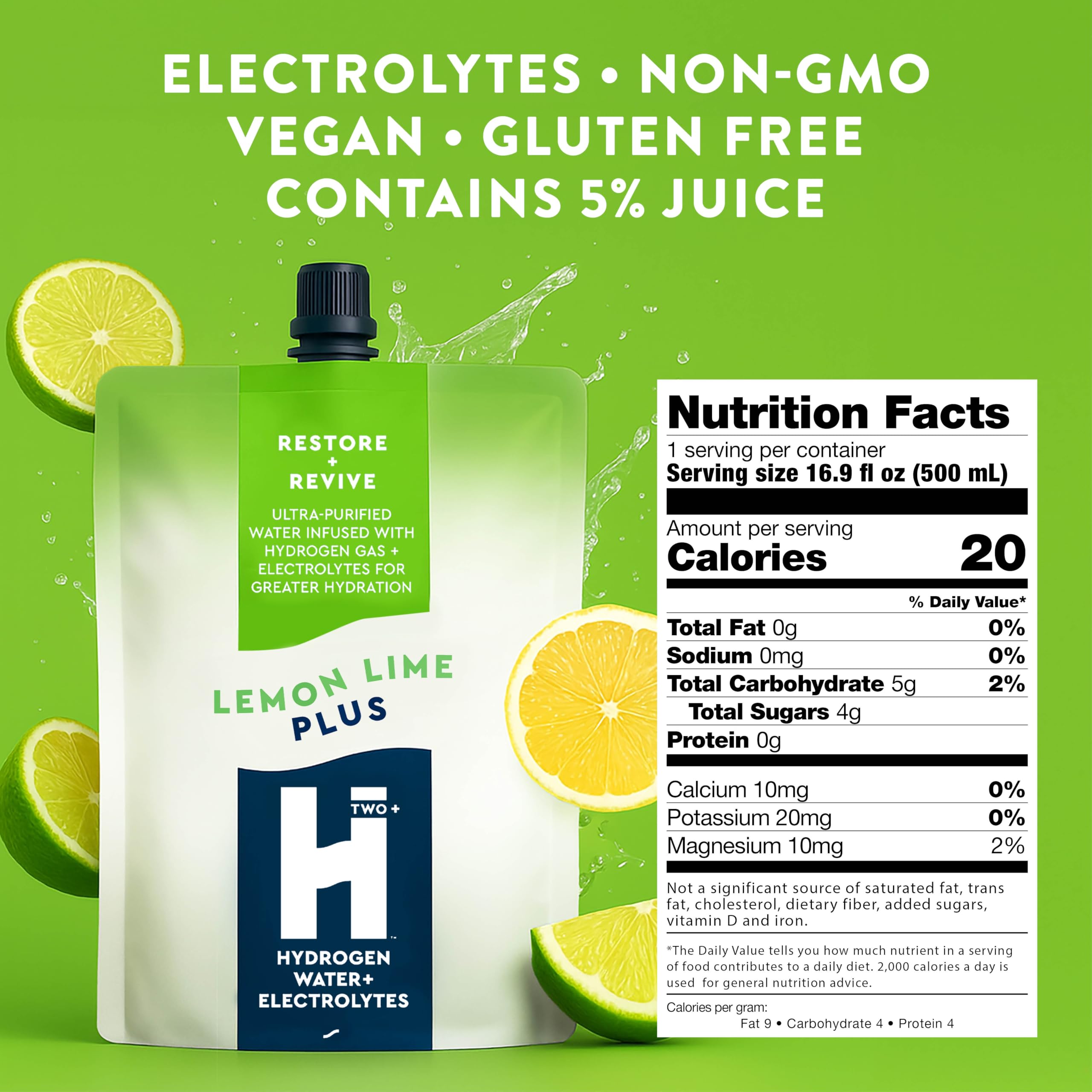HTWO Plus lemon-lime bottle closeup shows sugar-free, naturally flavored hydration.