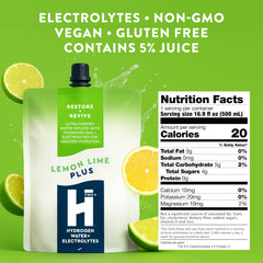 HTWO Plus lemon-lime bottle closeup shows sugar-free, naturally flavored hydration.
