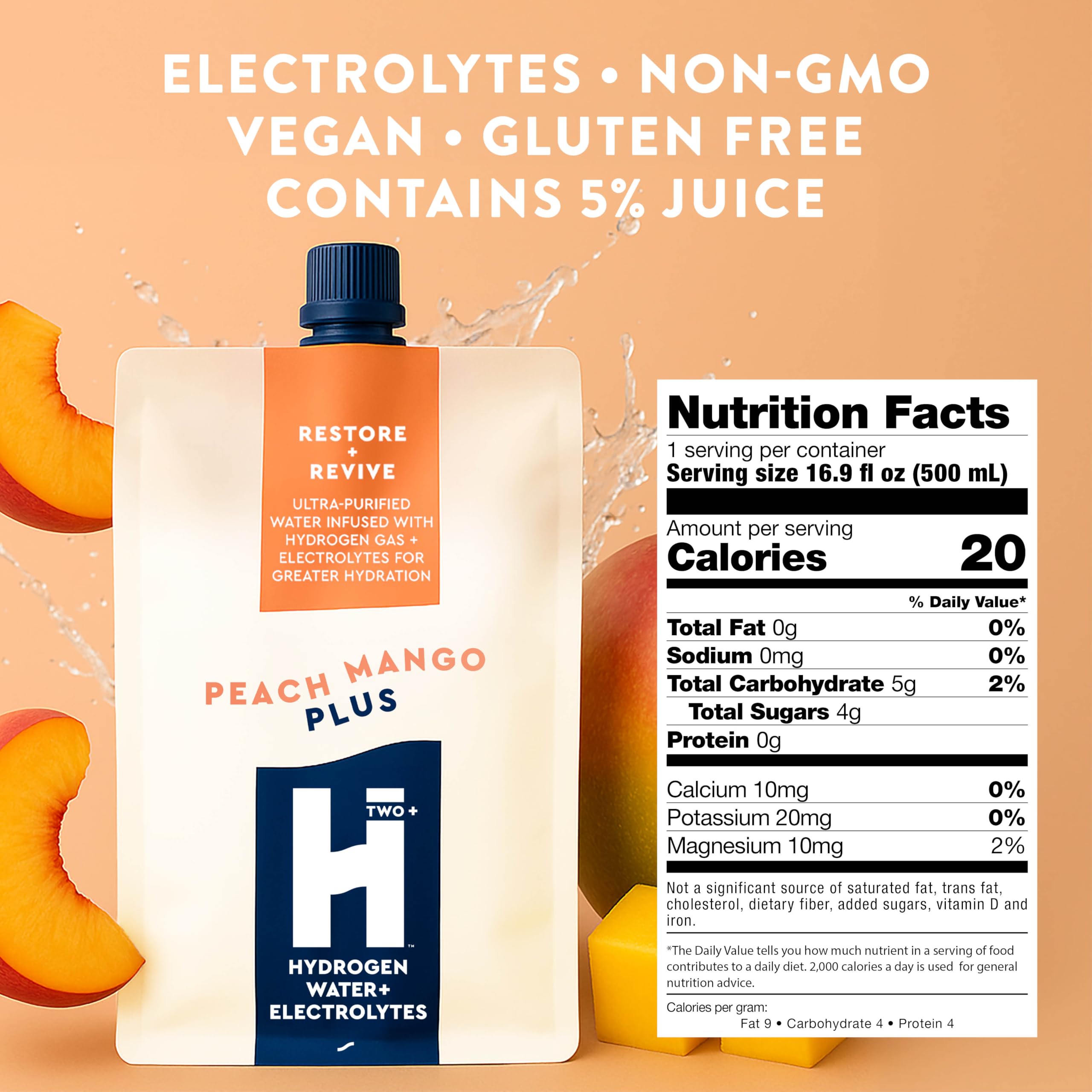 HTWO Plus peach mango bottle pour highlights flavor in hand.