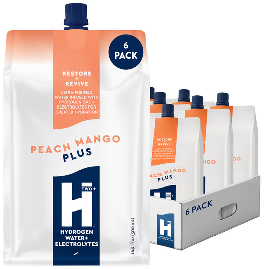HTWO Plus peach mango hydration pouch ready for on-the-go hydration.
