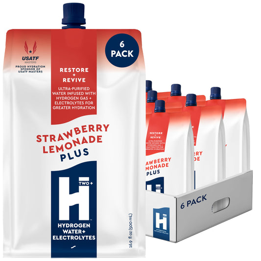 HTWO Plus Strawberry Lemonade bottle showing convenient, sugar-free hydration with electrolytes.