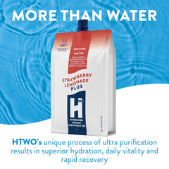 Glass of HTWO Plus Strawberry Lemonade highlighting a crisp, fruity flavor.