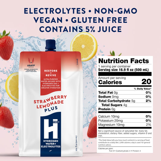 HTWO Plus Strawberry Lemonade hydration packets ready to mix for on the go use.